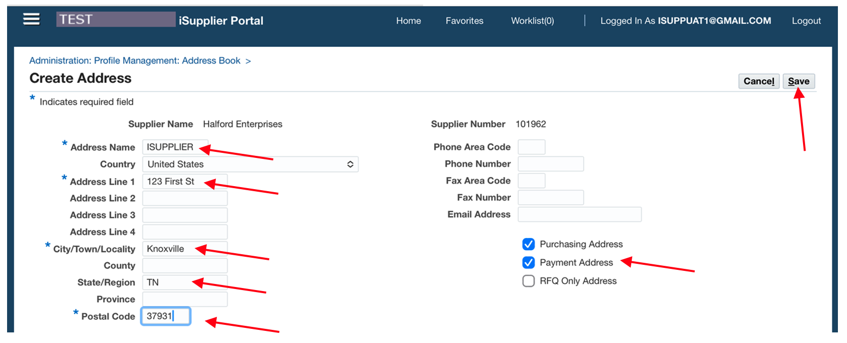 Enter in the Address details, ensure only ‘Purchasing and Payment Address’ boxes are checked and ‘RFQ Only Address’ is unchecked, the click ‘Save.’