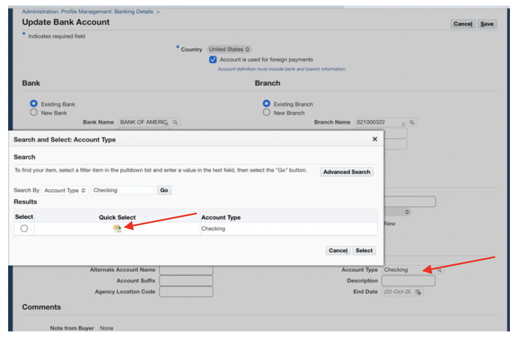 Enter ‘Account Type’ as either checking or savings, then hit ‘Enter, then Click Quick Select button.