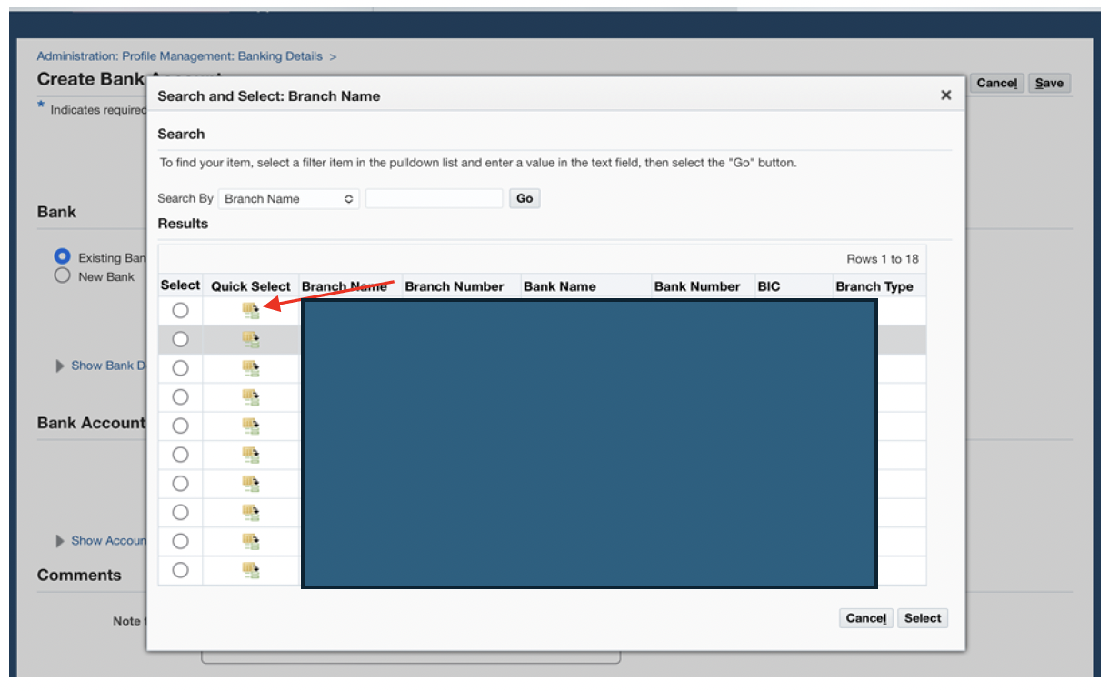 Click the ‘Quick Select’ button next to your branch (routing) number.