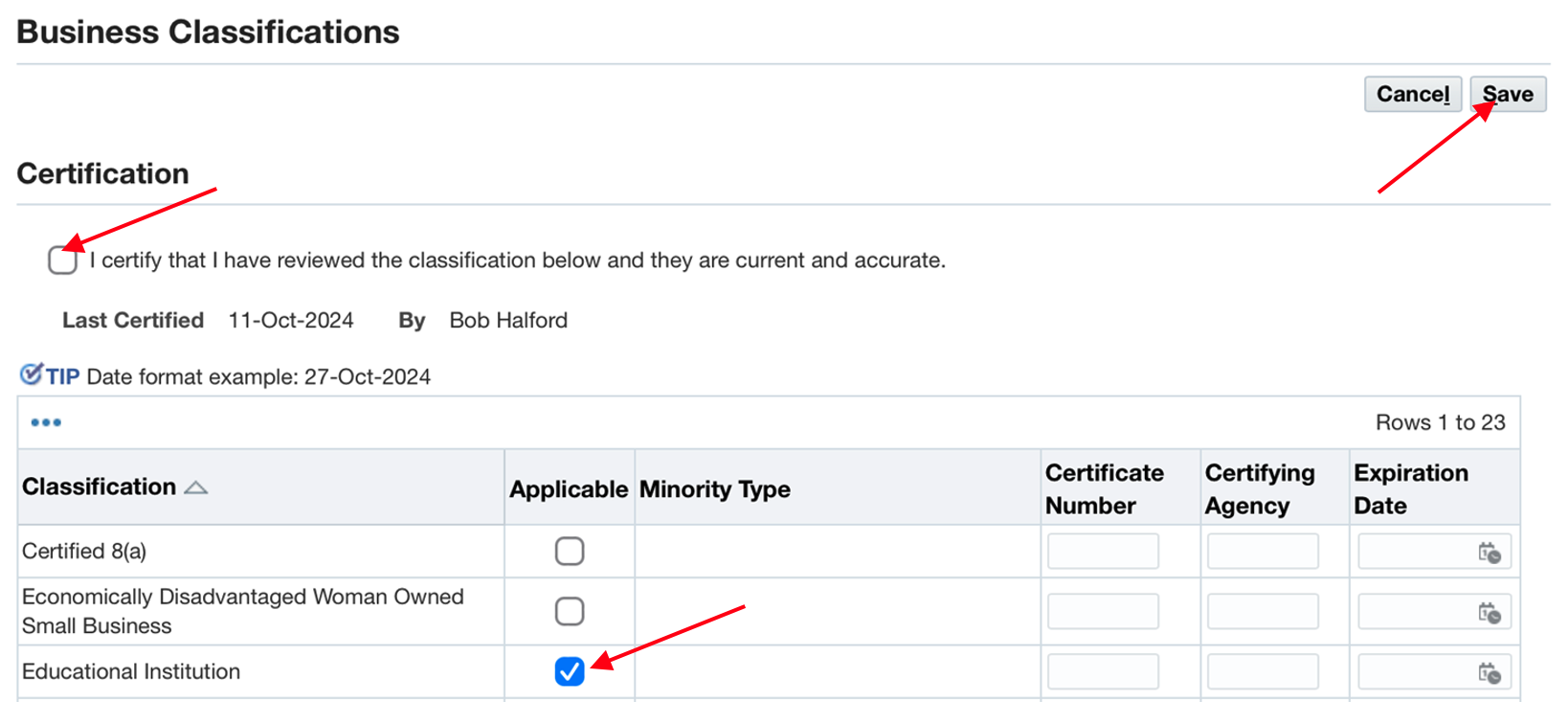 Review the Business Classification list and check the appropriate box.