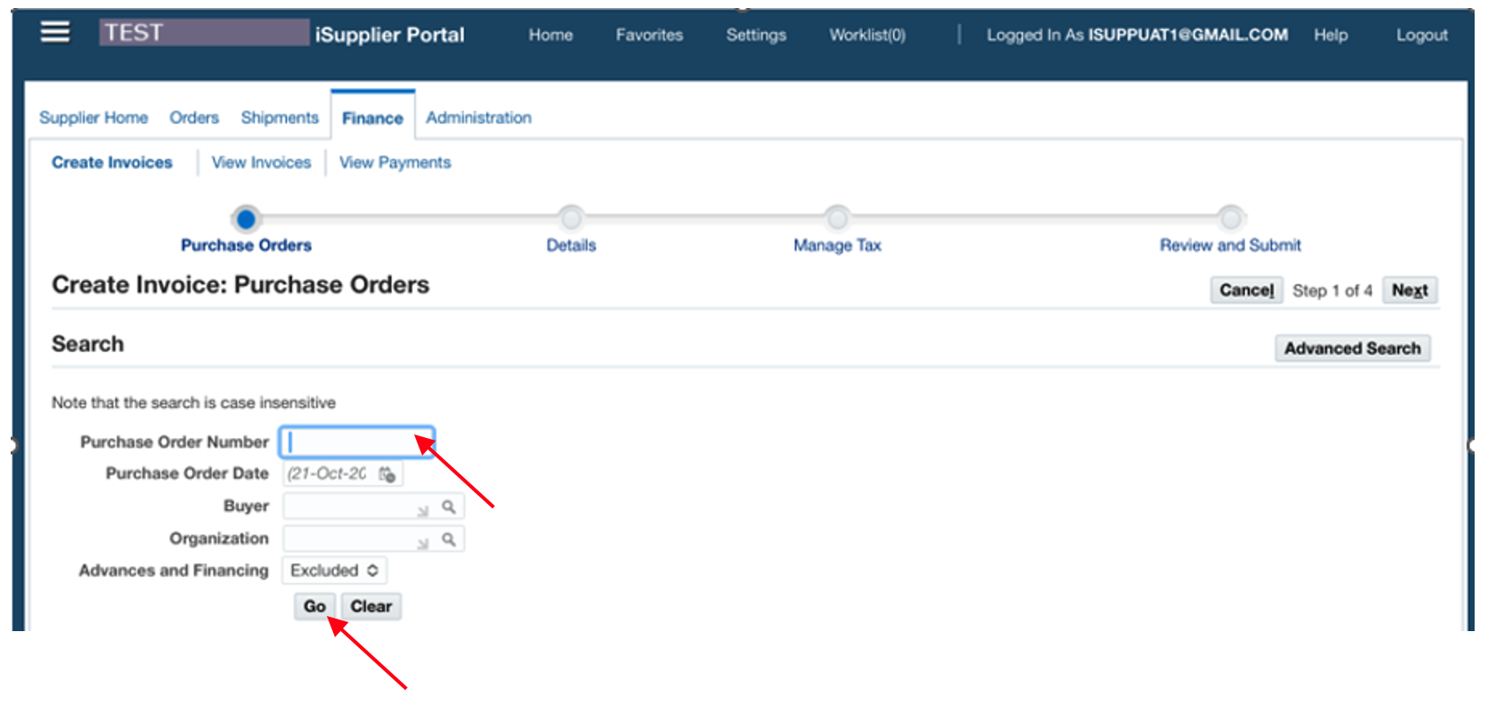 Enter ‘Purchase Order Number’ then click ‘Go.’