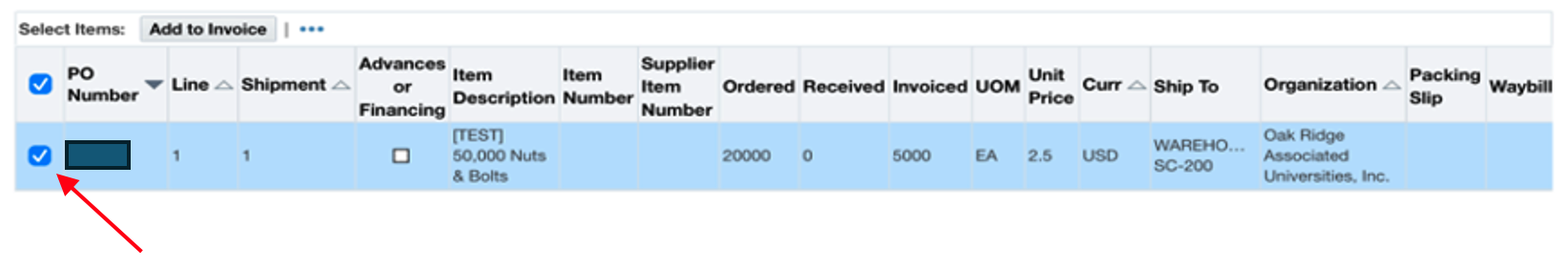 Check the box next to the PO line(s) you are to bill against.