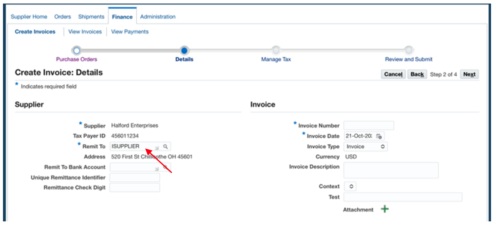 Ensure ‘Remit To’ is ‘ISUPPLIER.’ If not click on magnifying glass to choose ‘ISUPPLIER.’