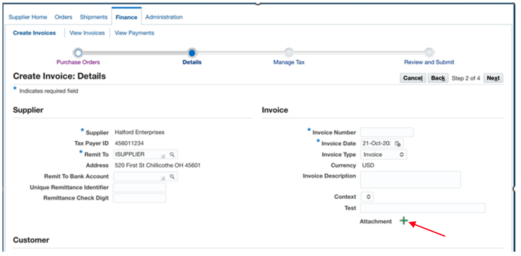 Click on the plus sign by ‘Attachment’ and add a pdf of your invoice and any pertinent backup.