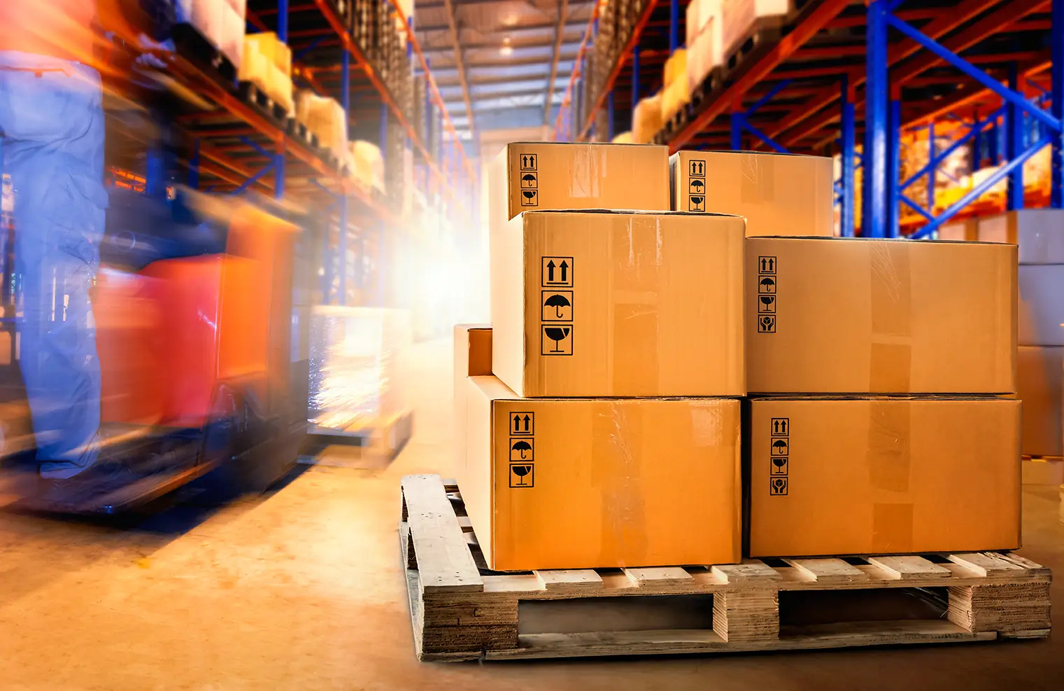 Package boxes stacked on wooden pallets