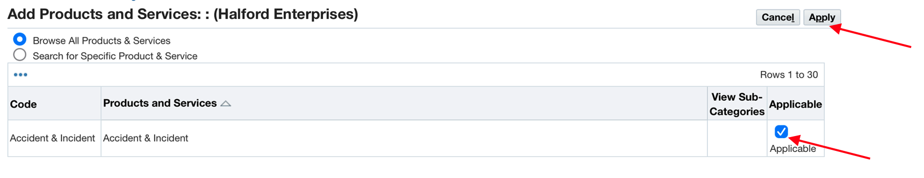 Step 4: Click the applicable checkbox for the correct Product or Service Category, then Click ‘Apply.’
