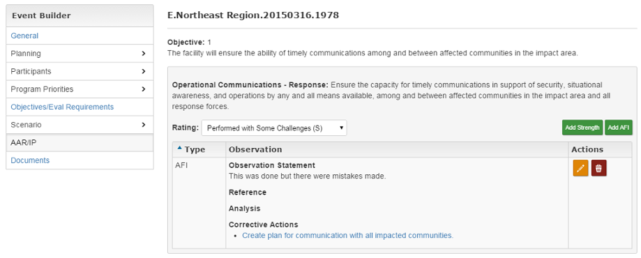 Enter ratings and narratives for the After-Action Report/Improvement Plan (AAR/IP)