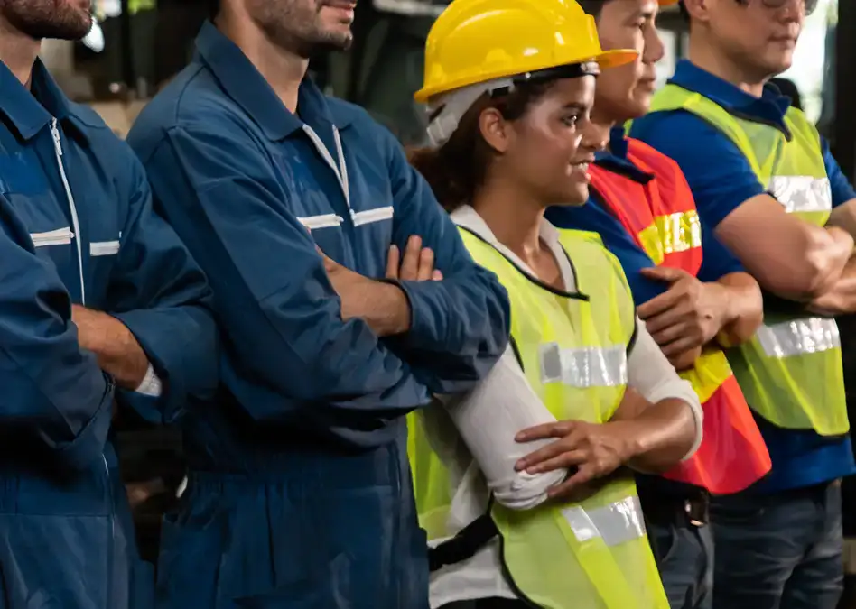 Workers gather together in an industrial setting